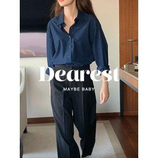 Long Plain Shirt Navy Blue - One Size