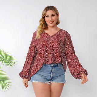 Plus Size Long Sleeve V Neck Dot Blouse