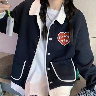 Heart Embroidered Button-up Jacket Navy Blue - One Size