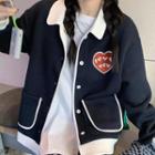 Heart Embroidered Button-up Jacket Navy Blue - One Size