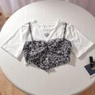 Elbow-sleeve Mock Two-piece Cropped T-shirt White & Black - One Size
