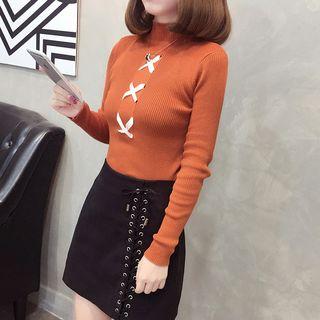 Long-sleeve Lace-up Mock-neck Knit Top