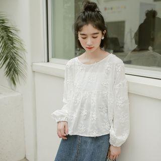 Long-sleeve Floral Embroidered Blouse White - One Size