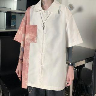 Short-sleeve Asymmetrical Panel Front Pocket Button-up Shirt