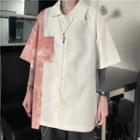 Short-sleeve Asymmetrical Panel Front Pocket Button-up Shirt