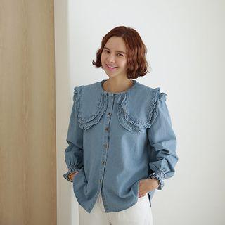 Frilled Wide-collar Denim Shirt Light Blue - One Size