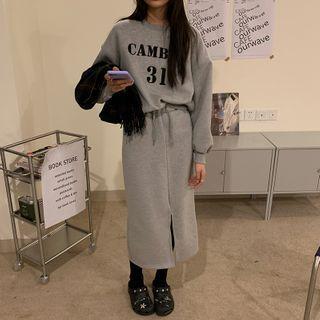 Letter Embroidered Sweater / Front-slit Midi Pencil Skirt
