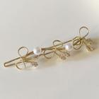 Faux Pearl Bow Hair Clip 1pc - Gold & White - One Size