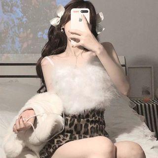 Spaghetti Strap Furry Top / Cardigan / Leopard Print Mini Fitted Skirt