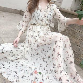 Floral Bell-sleeve Chiffon Dress