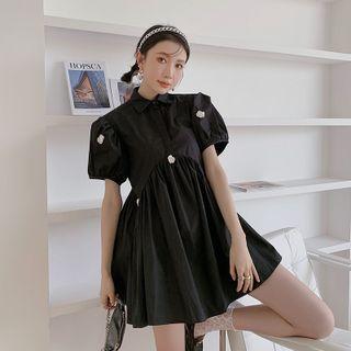 Short-sleeve A-line Shirt Dress White Flowers - Black - One Size