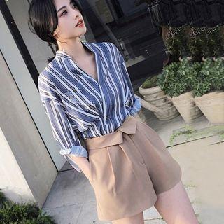Set: Striped V-neck Shirt + Wide Leg Shorts