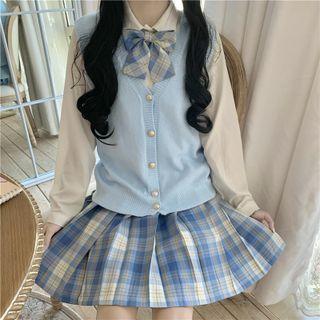 Button-up Sweater Vest / Shirt / Plaid Bow / Pleated Mini A-line Skirt / Set