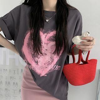 Short-sleeve Heart Print T-shirt Gray - One Size