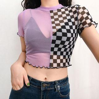 Plaid Mesh Panel Ruffle-trim Short-sleeve Crop Top