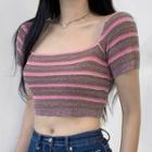 Short Sleeve Square-neck Striped Crop Top