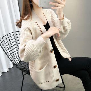 V-neck Cross Embroidered Ribbed Cardigan
