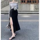 Long-sleeve Off-shoulder T-shirt / Slit Midi A-line Skirt
