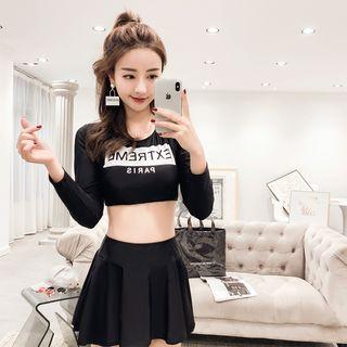 Set: Printed Long-sleeve Rashguard + Swim Bottom + Swim Skirt
