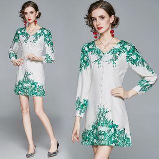 Long-sleeve Floral Print V-neck Buttoned Mini Dress