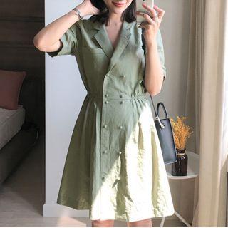 Short-sleeve Double-breasted A-line Blazer Dress Army Green - One Size