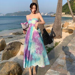 Strapless Tie-dye Print Midi A-line Dress