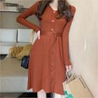 Button-front Rib-knit Dress With Belt