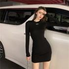 Long-sleeve Lettering Knit Mini Bodycon Dress Black - One Size