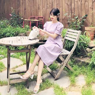 Puff-sleeve Monotone Midi Dress