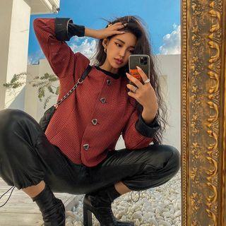 Collarless Faux-gem Button Checked Jacket