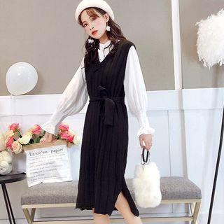 Set: Smocked Cuff Shirt + Sleeveless Split Hem Midi Knit Dress