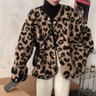 Leopard Print Fleece Button-up Jacket Leopard - One Size
