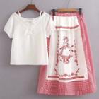 Set: Eyelet Lace Short-sleeve Top + Gingham A-line Midi Skirt
