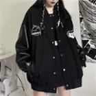 Faux Leather Panel Heart Embroidered Jacket