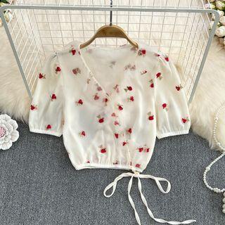 Short Sleeve Rose Embroidered Crop Blouse