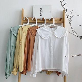 Plain Single-breasted Peter-pan Collar Ruffled-trim Flare-sleeve Blouse