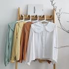 Plain Single-breasted Peter-pan Collar Ruffled-trim Flare-sleeve Blouse