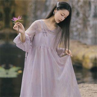 Set: Puff-sleeve Frog-button Midi Shift Dress + Slipdress