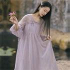 Set: Puff-sleeve Frog-button Midi Shift Dress + Slipdress