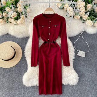 Long-sleeve Contrast Trim Knit Midi Sheath Dress