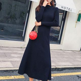 Plain Long-sleeve Midi A-line Knit Dress