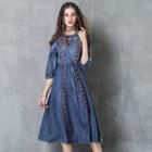 Embroidered 3/4 Sleeve Midi Denim Dress