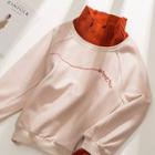 Mock Two-piece Turtleneck Lettering Embroidered Sweatshirt Almond - One Size