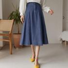 Pintuck Flared Long Denim Skirt