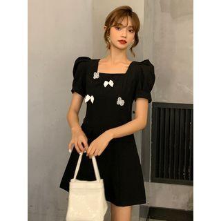 Short-sleeve Square-neck Bow Mini A-line Dress