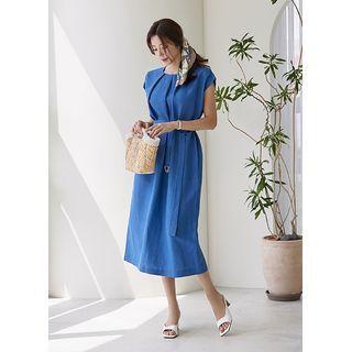 Vivid Cap-sleeve Pleated Long Dress With Belt