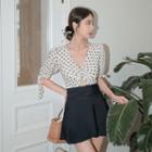 Elbow-sleeve Dotted Panel Swim Dress