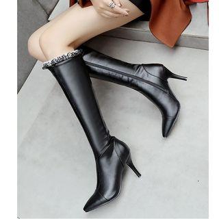 Pointy Lace Trim Stiletto Heel Tall Boots