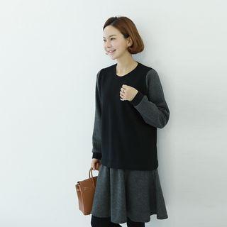 Inset Pullover Ruffle-hem Herringbone Dress