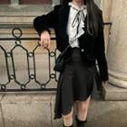 Buttoned Blazer / High-waist Asymmetric Plain Skirt / Tie Neck Lace Trim Blouse